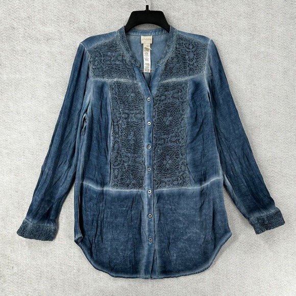 Chicos Blouse Womens 1 (MEDIUM) Chambray Lace Button Up Top Blue - Picture 1 of 14